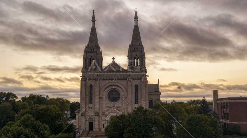 A view of the Cathedral of Saint Joseph at twilight in Sioux Falls, South Dakota Aerial Stock Photo DXP002_176_0012 | Axiom Images