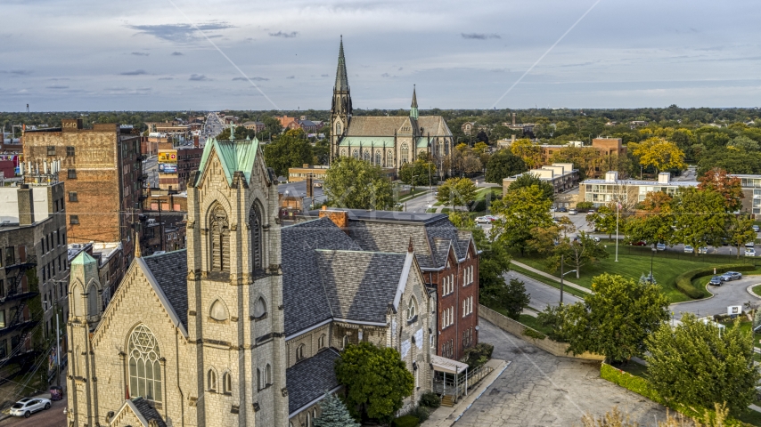 A view of a church from another church at sunset, Detroit, Michigan Aerial Stock Photo DXP002_192_0005 | Axiom Images