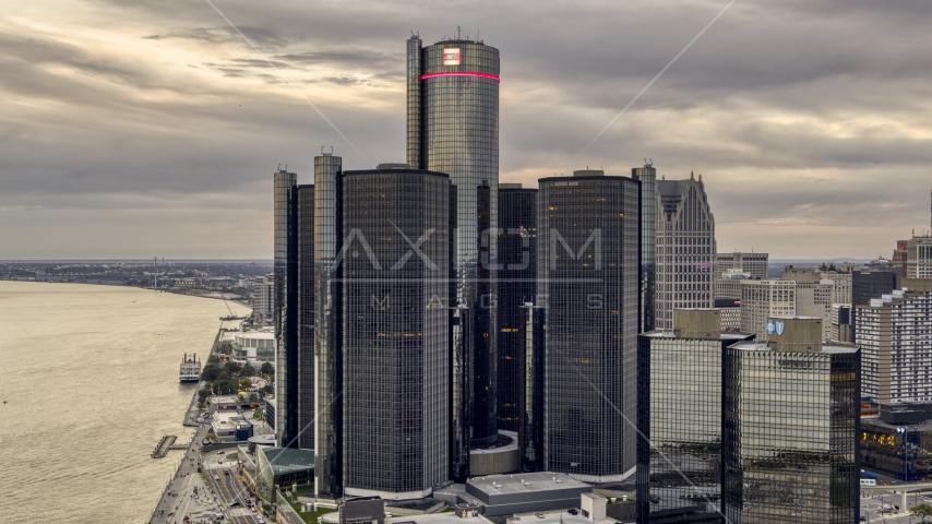 The GM Renaissance Center skyscraper at sunset, Downtown Detroit, Michigan Aerial Stock Photo DXP002_192_0013 | Axiom Images