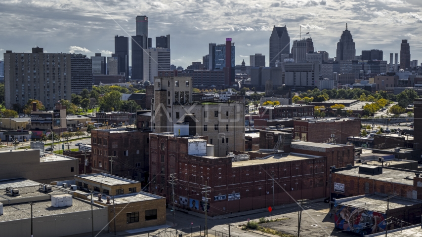 A brick warehouse building in Detroit, Michigan Aerial Stock Photo DXP002_194_0012 | Axiom Images