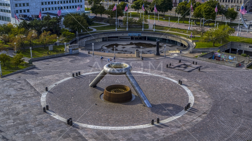 The fountain in Hart Plaza in Downtown Detroit, Michigan Aerial Stock Photo DXP002_196_0007 | Axiom Images