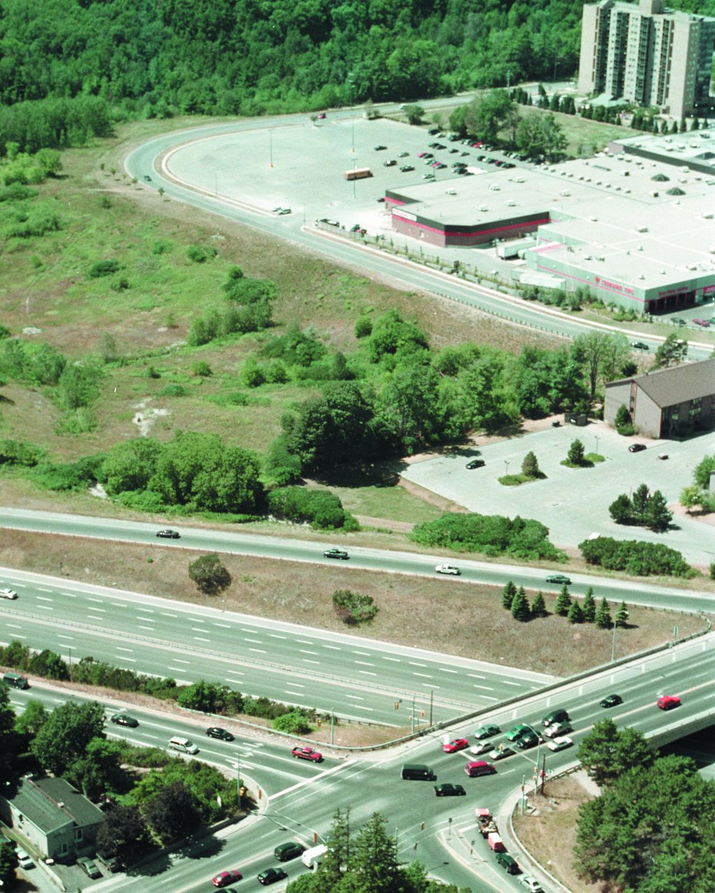 Aerial view of Bayfield Street and Highway 400 on and off ...