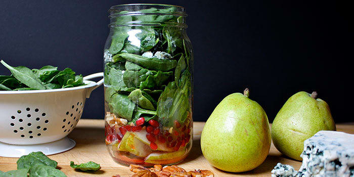 Blue Cheese, Pear, and Spinach Mason Jar Salad