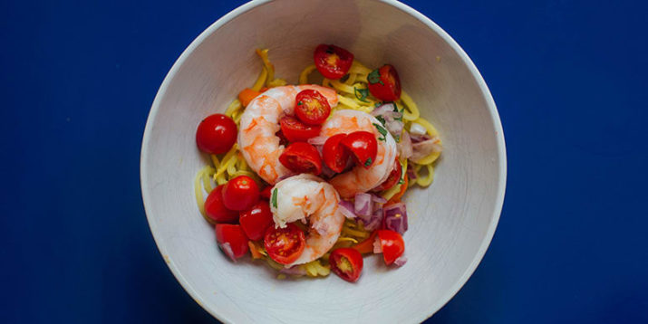 Carrot and Squash Noodles With Shrimp and Tomatoes