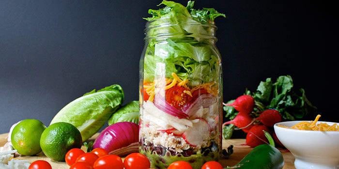 Chicken and Black Bean Burrito Salad in a Mason Jar