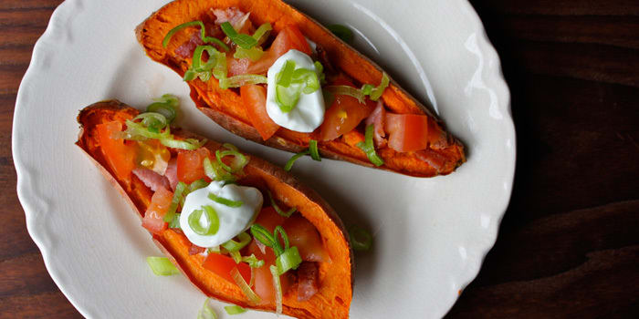 Sweet Potato Skins With Turkey Bacon and Tomatoes