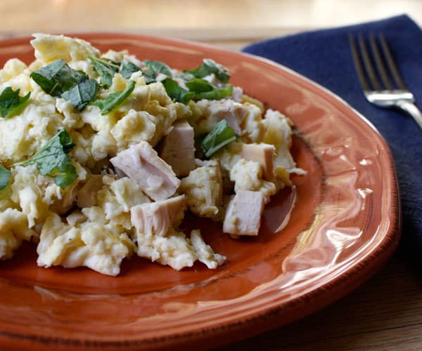 High-protein egg white scramble with chicken breakfast recipe.