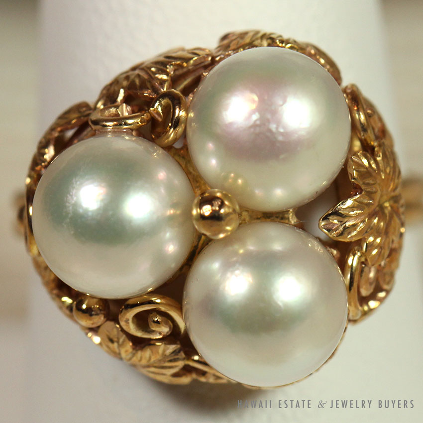 MING'S HAWAII LARGE THREE PEARL 14K YELLOW GOLD RING (SZ 9) MINGS