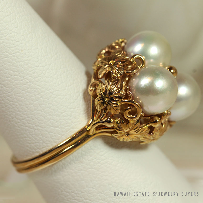 MING'S HAWAII LARGE THREE PEARL 14K YELLOW GOLD RING (SZ 9) MINGS