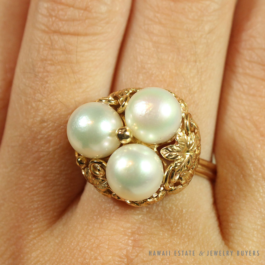 MING'S HAWAII LARGE THREE PEARL 14K YELLOW GOLD RING (SZ 9) MINGS