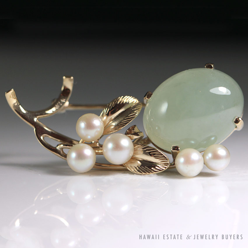 MING'S HAWAII JADE PEARL LEAF BROOCH PIN 14K YELLOW GOLD MINGS JEWELRY