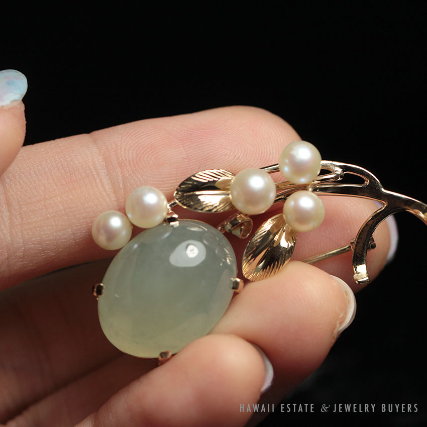 MING'S HAWAII JADE PEARL LEAF BROOCH PIN 14K YELLOW GOLD MINGS JEWELRY