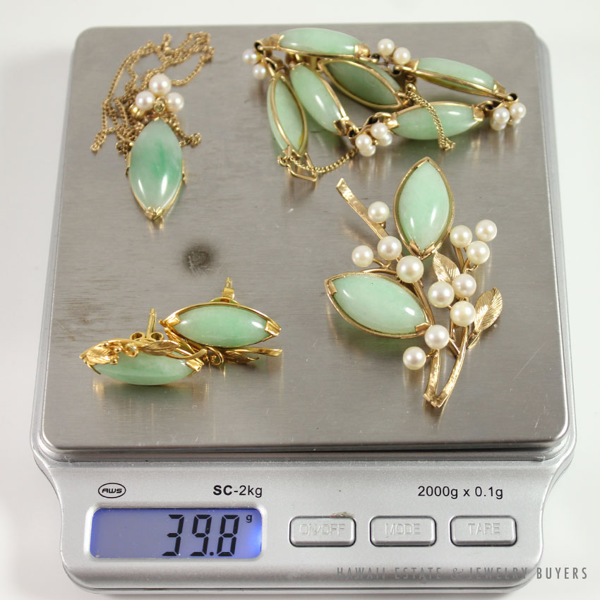 MING'S HAWAII JADE & PEARL EARRINGS NECKLACE BROOCH BRACELET COMPLETE