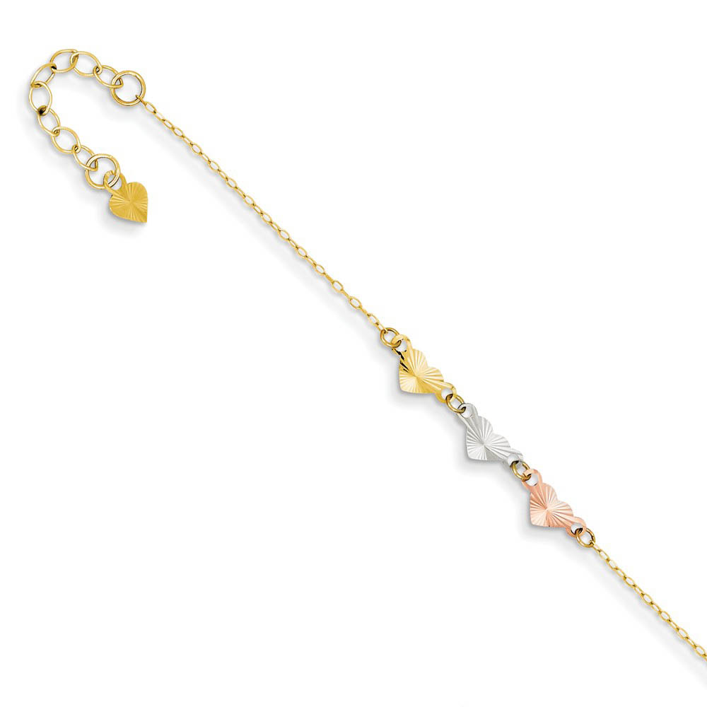 14k Tri Color Gold Adjustable Heart Anklet