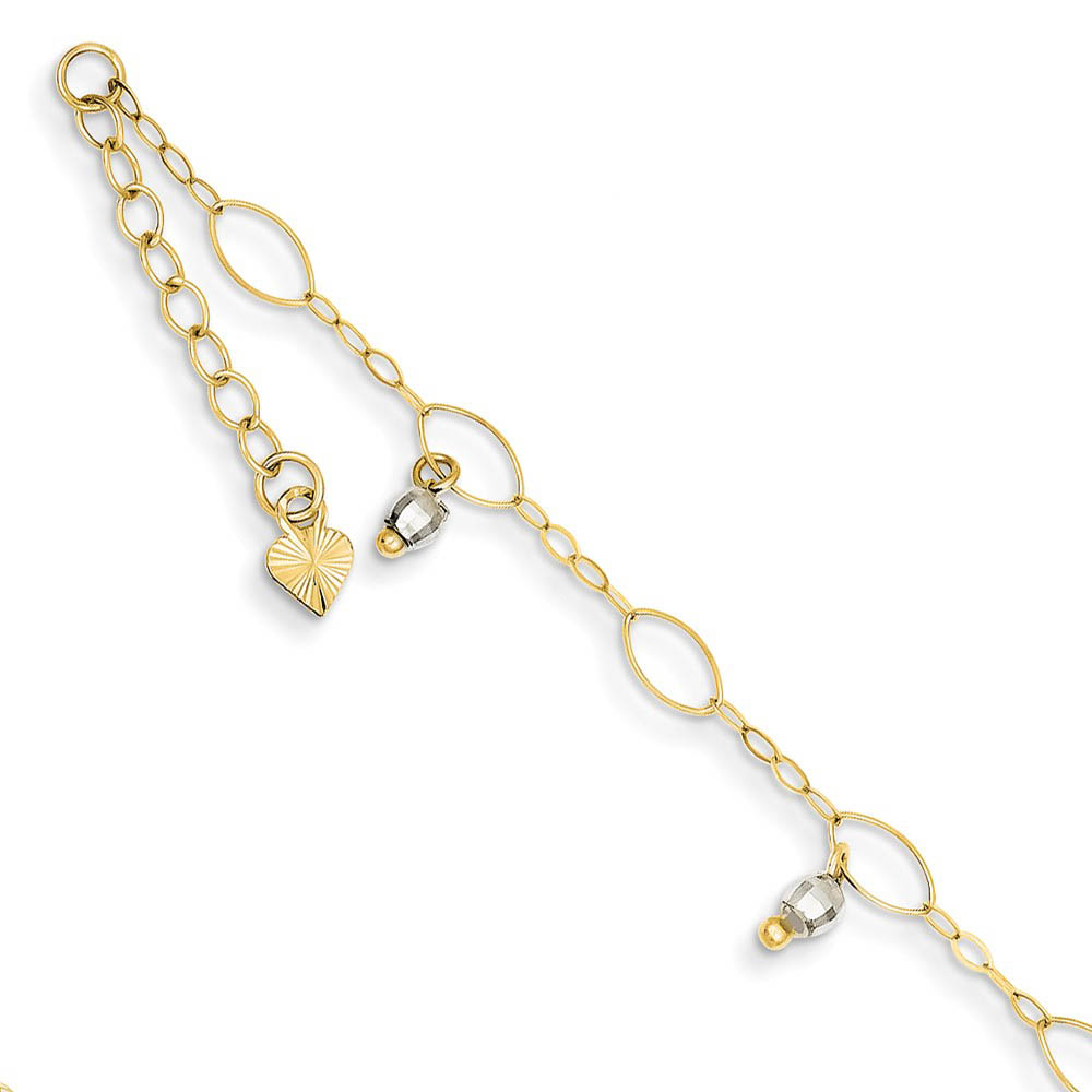 14k Two Toned Gold Dangling Bead Anklet, 9 Inch