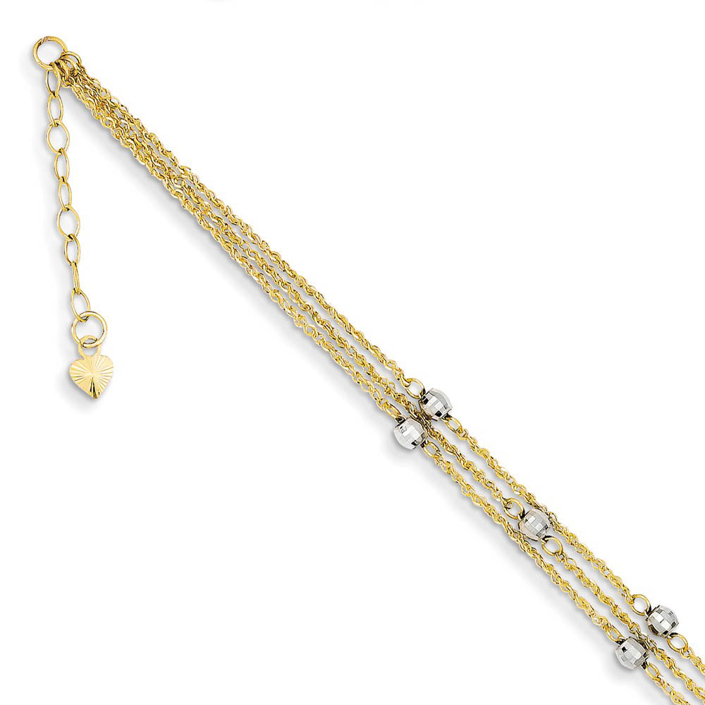 14k Two Tone Gold Triple Strand Beaded Anklet, 9 Inch