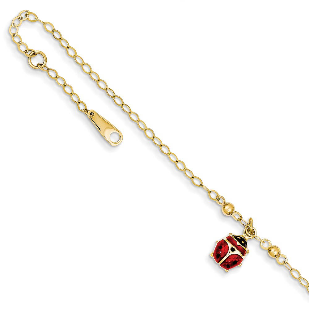 14k Yellow Gold Enameled Ladybug Anklet, Inch