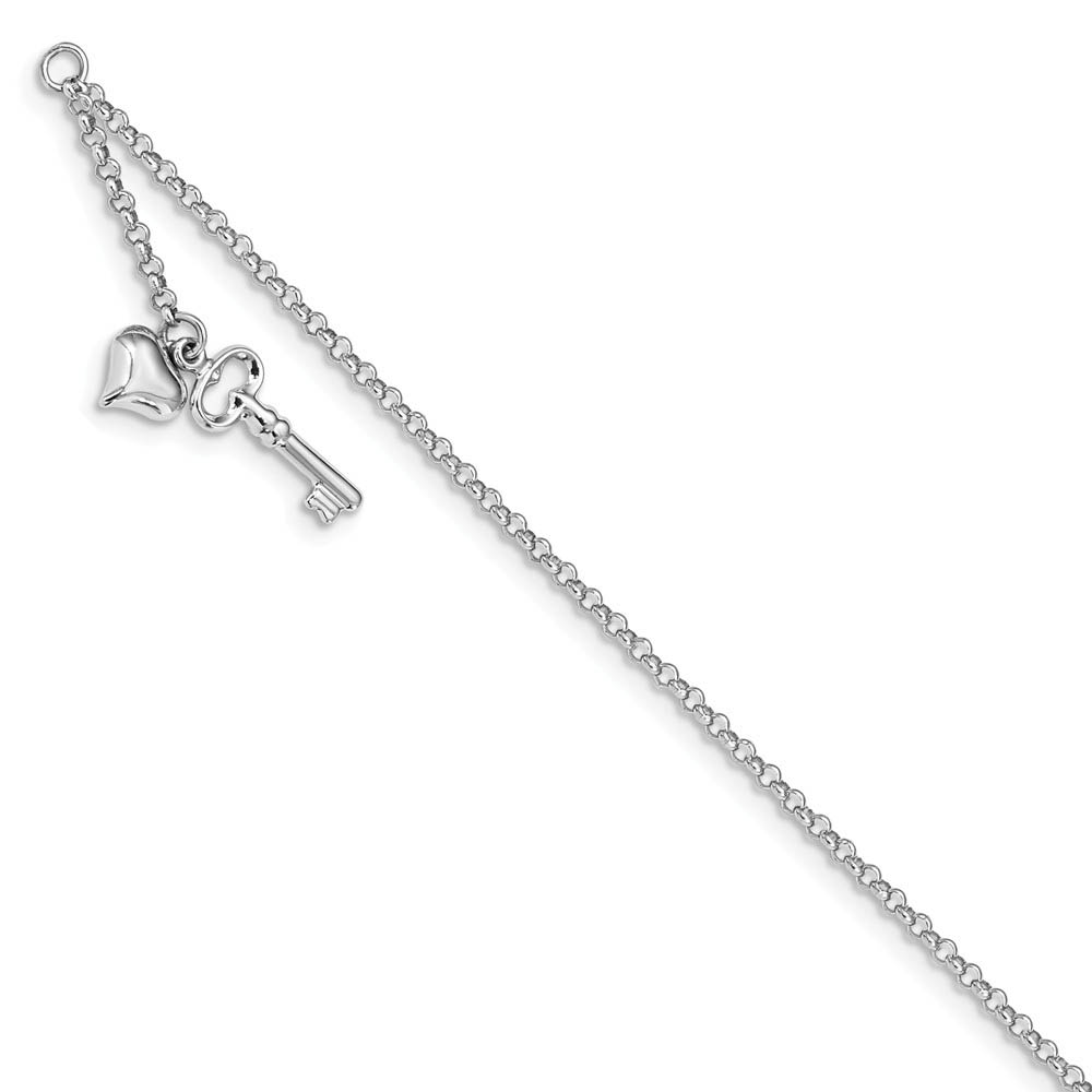 14k White Gold Puffed Heart And Key Dangle Anklet