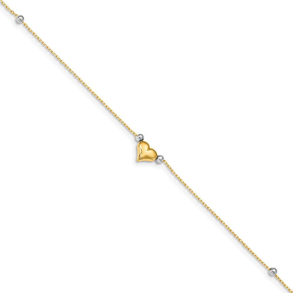 14k Yellow and White Gold Puffed Heart and Bead Anklet