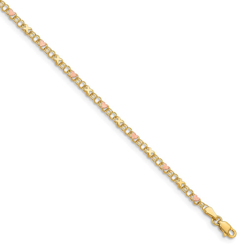 14k Yellow Gold And Pink Rhodium Kisses and Hearts Anklet