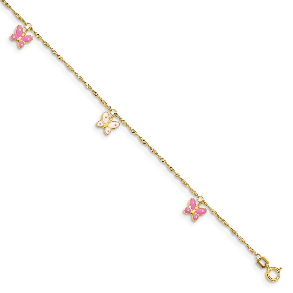 14k Yellow Gold and Enameled Butterfly Adjustable Anklet, 10 Inch