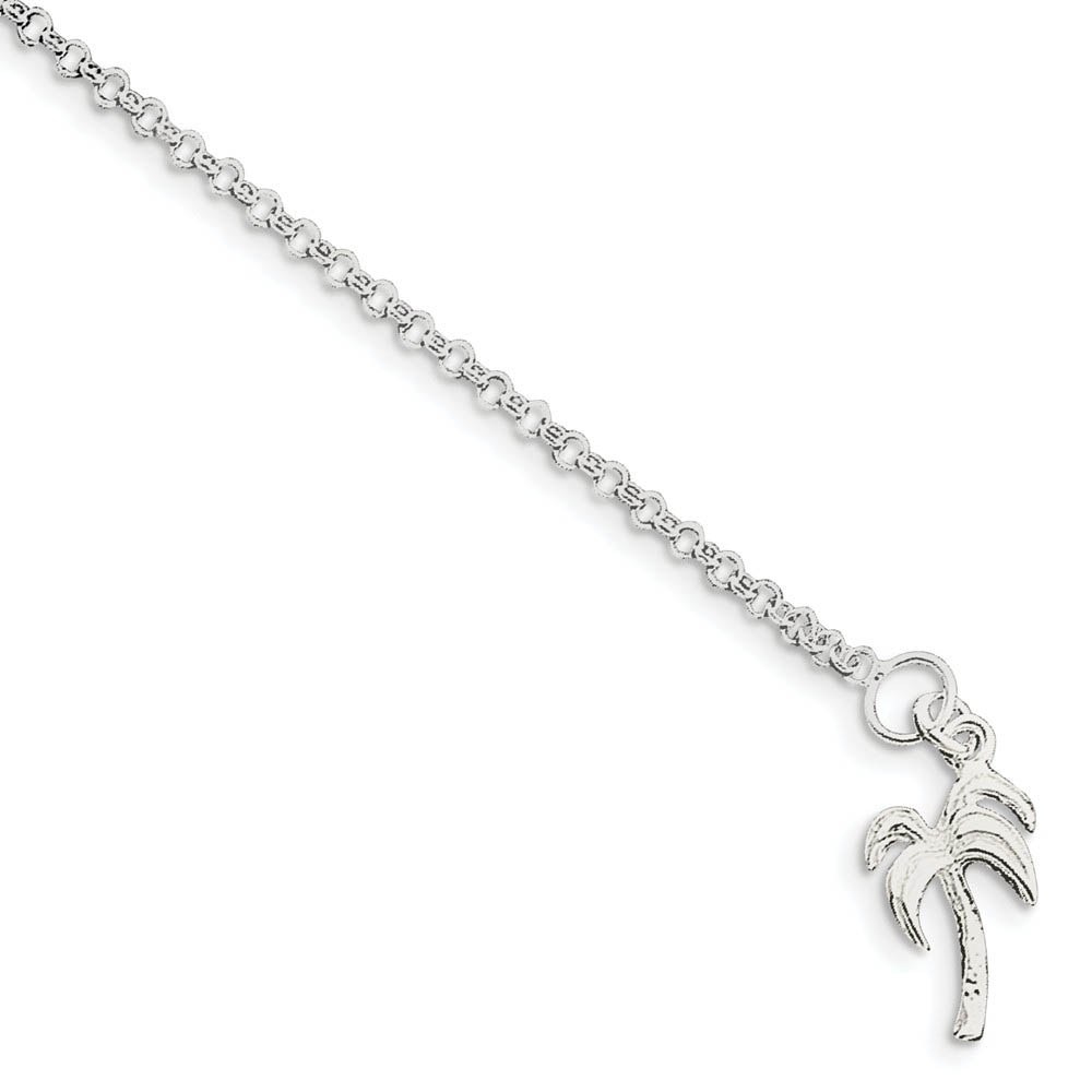 Sterling Silver Palm Tree 3mm Rolo Link Anklet, 9 Inch