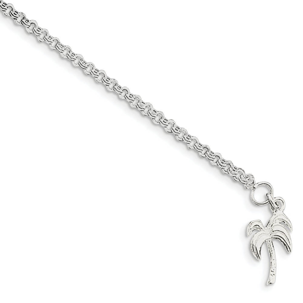 Sterling Silver Palm Tree Double Link Cable Chain Anklet, 9 Inch