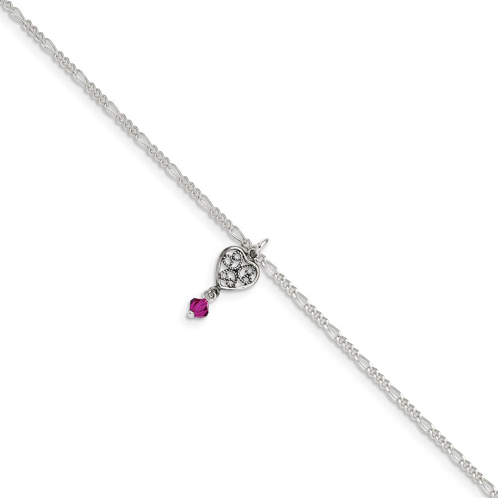 Sterling Silver Pink Crystal, Dangling Heart Anklet, 9 Inch