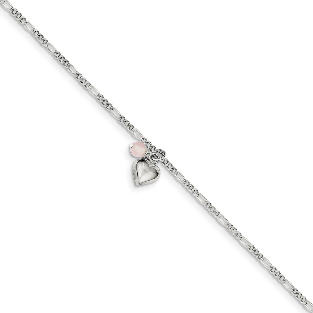 Sterling Silver Cherry Quartz, Puffed Heart Anklet, 9 Inch