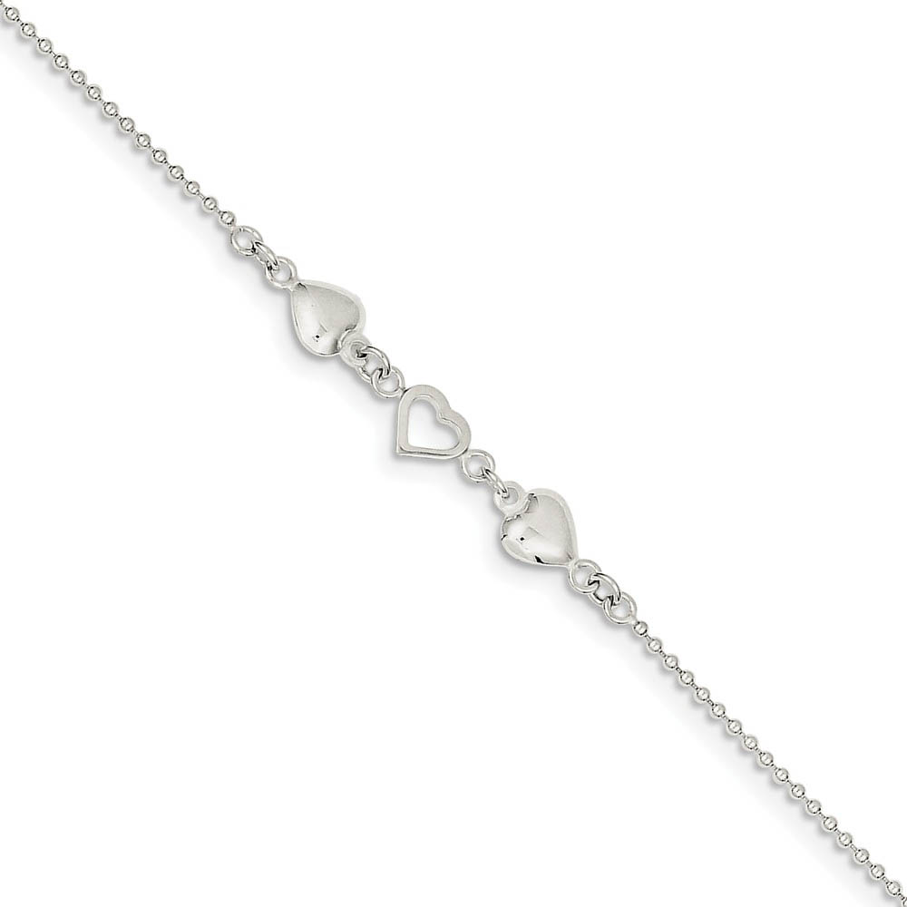 Sterling Silver Polished Hearts Anklet, Inch