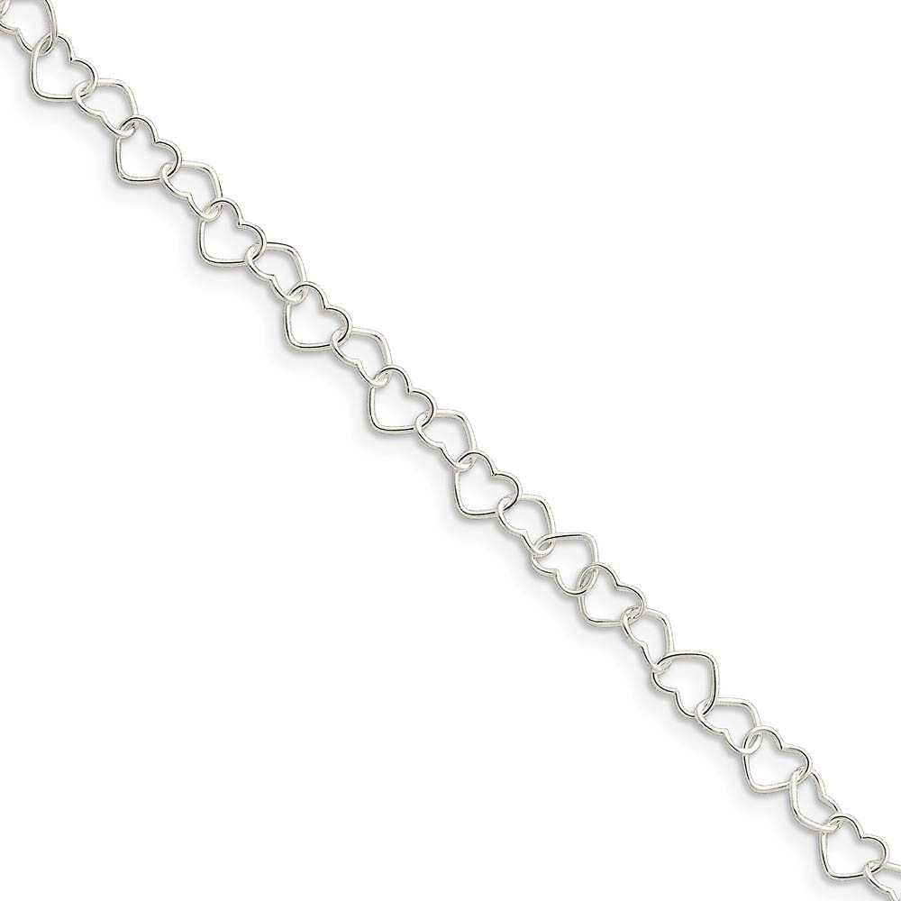 Sterling Silver Chain of Hugging Hearts Anklet, 10 Inch