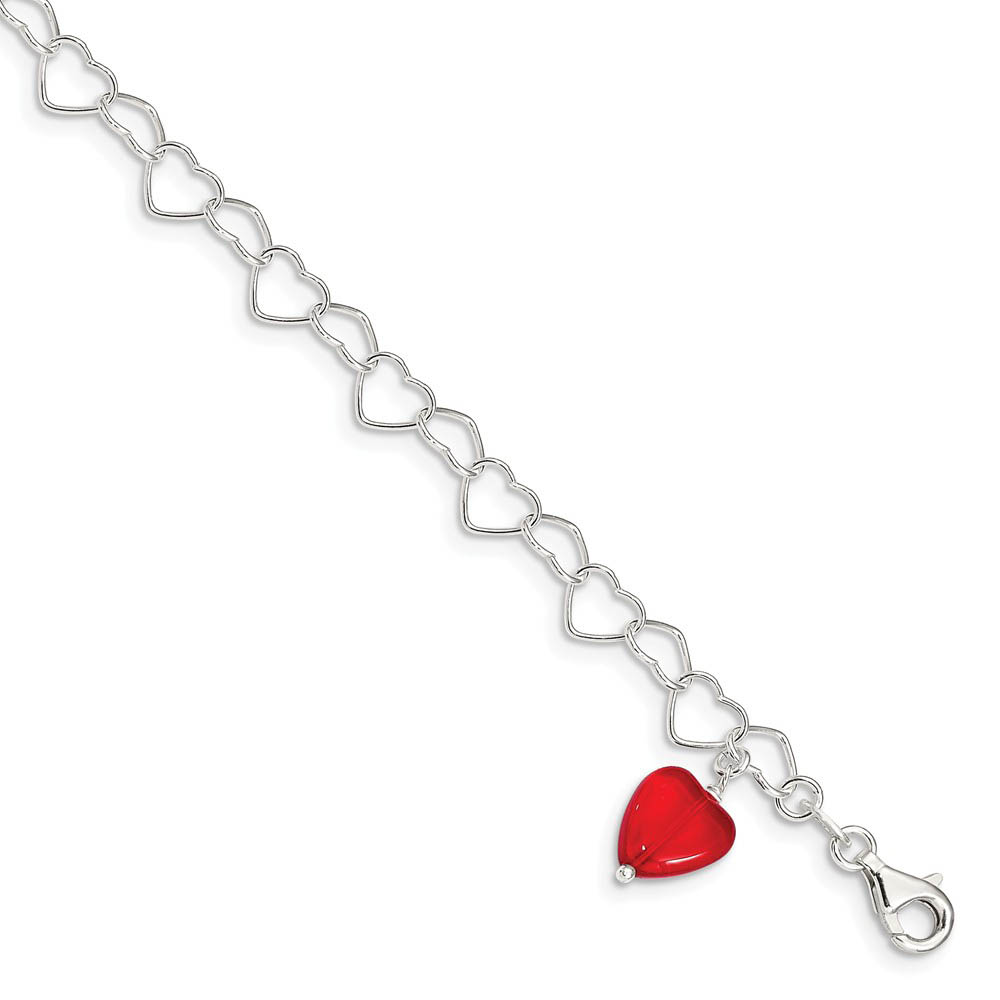 Sterling Silver Red Crystal Heart Link Anklet