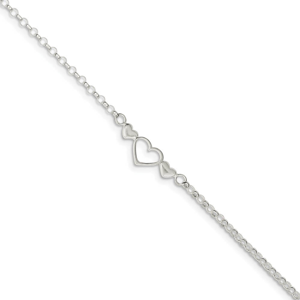 Sterling Silver Adjustable Triple Heart Anklet, 9-10 Inch