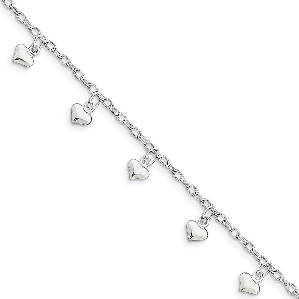 Sterling Silver Dangling Hearts Anklet, Inch