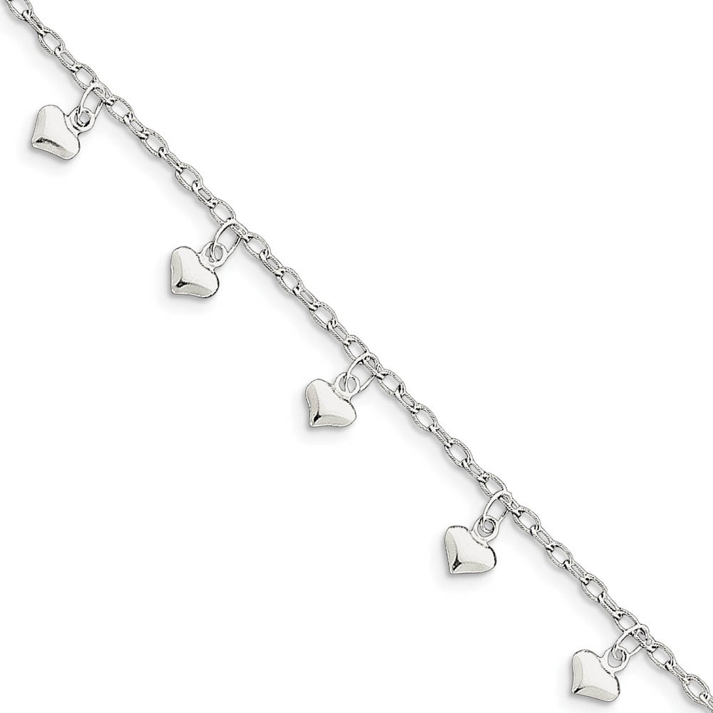 Sterling Silver Dangling Hearts Anklet, 9-10 Inch