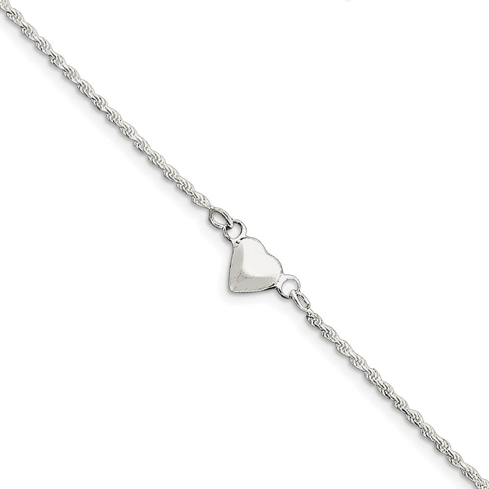 Sterling Silver Puffed Heart Rope Chain Anklet, 9 Inch