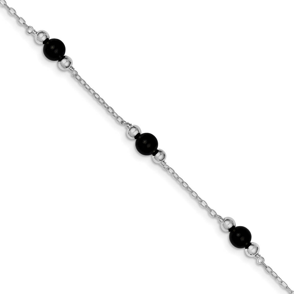 Black Onyx in Rhodium-Plated Sterling Silver, Beaded Anklet, 9 Inch