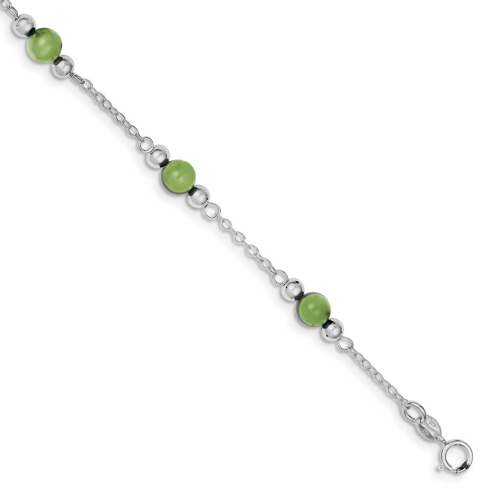 Green Jade in Rhodium-Plated Sterling Silver, Beaded Anklet, 9 Inch