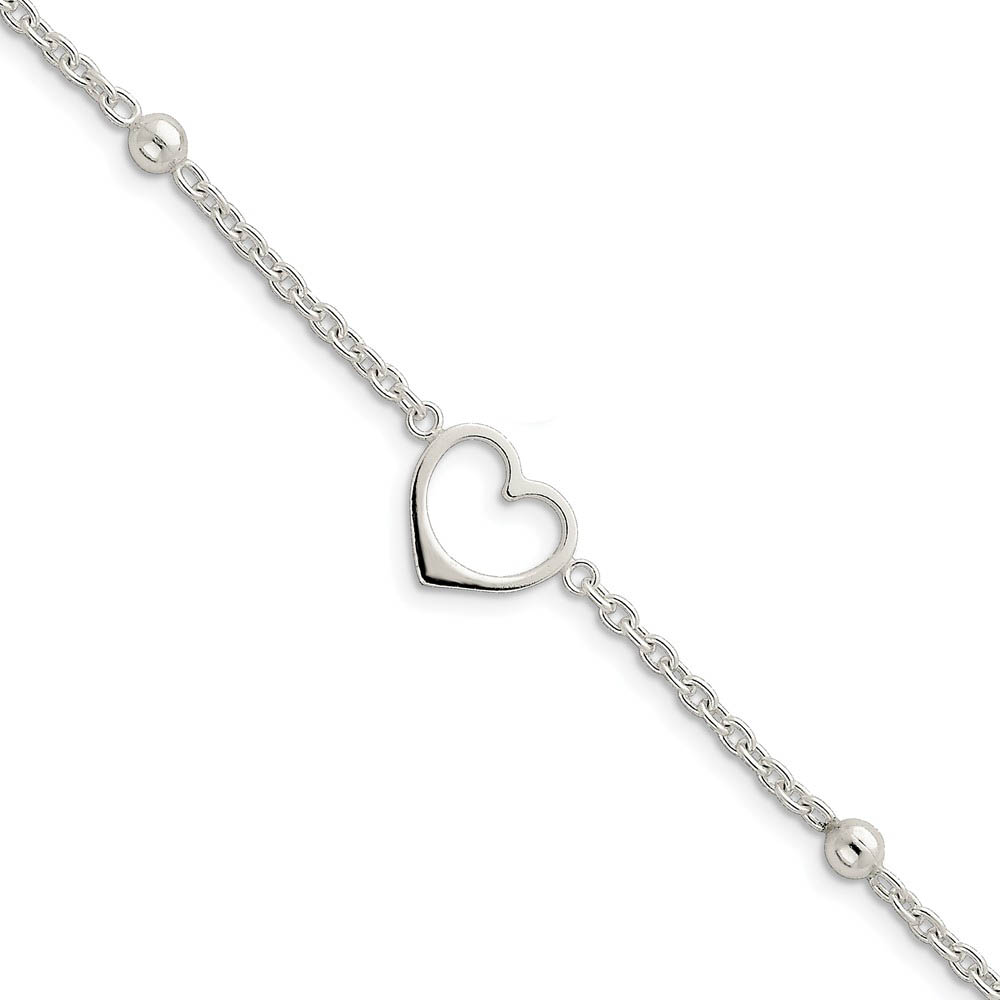 Sterling Silver 15mm Open Heart Charm Anklet, 10 Inch