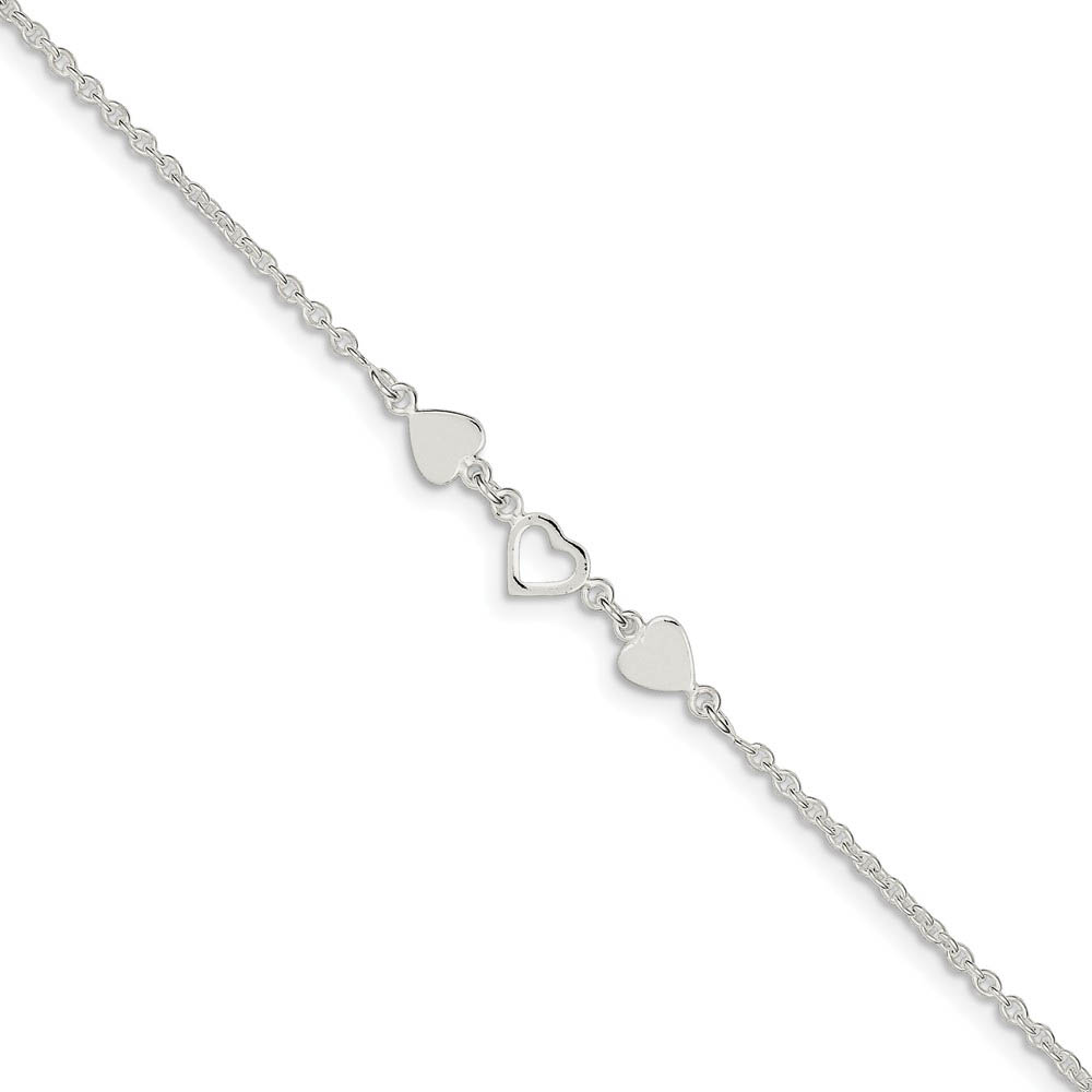 Sterling Silver Polished Hearts Anklet