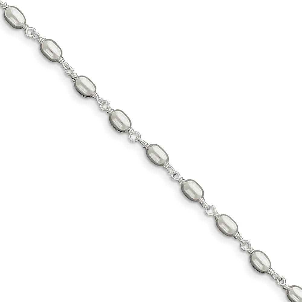 Sterling Silver High Polished Oval Bead Anklet, 10 Inch