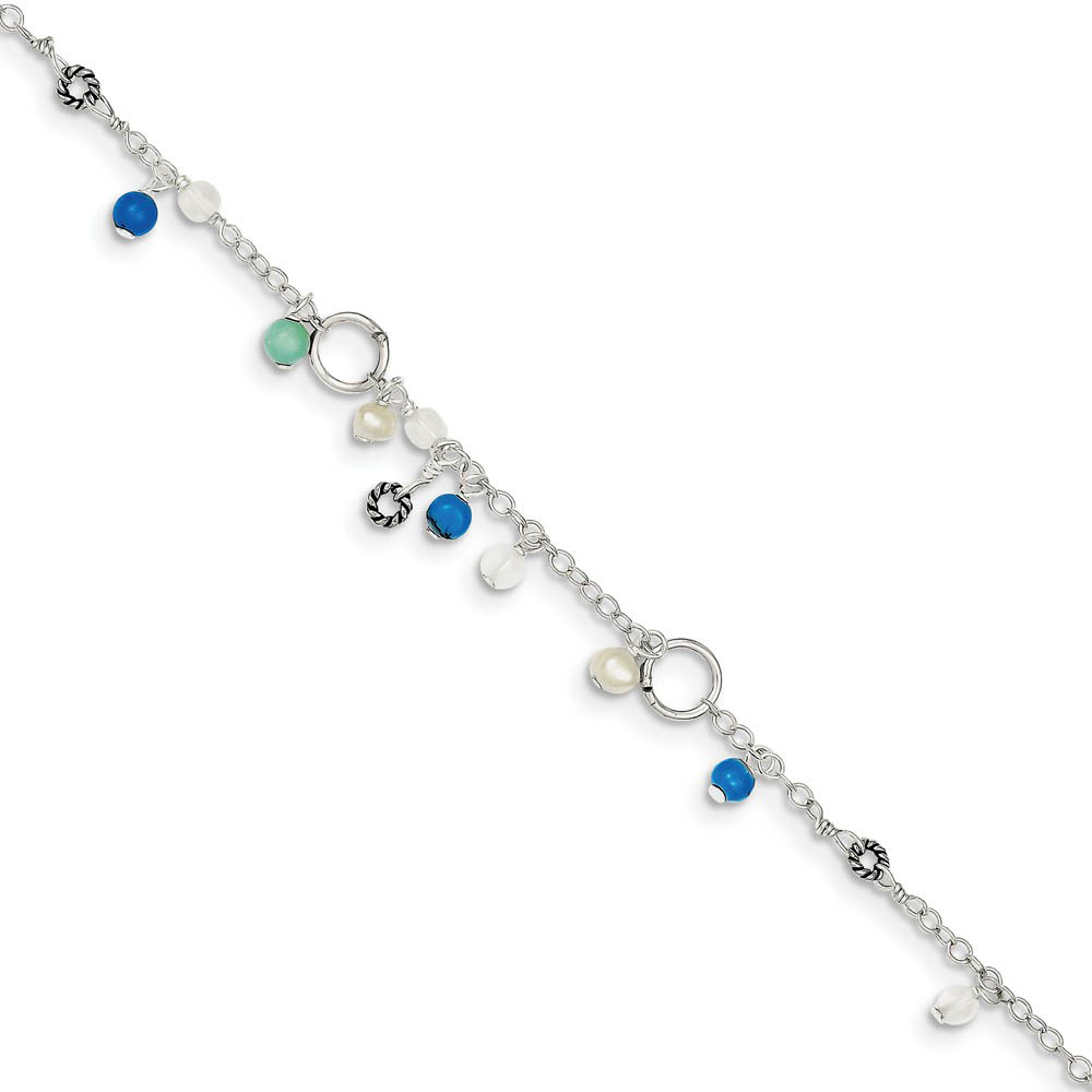 Sterling Silver Turquoise, Crystal And FW Cultured Pearl Anklet