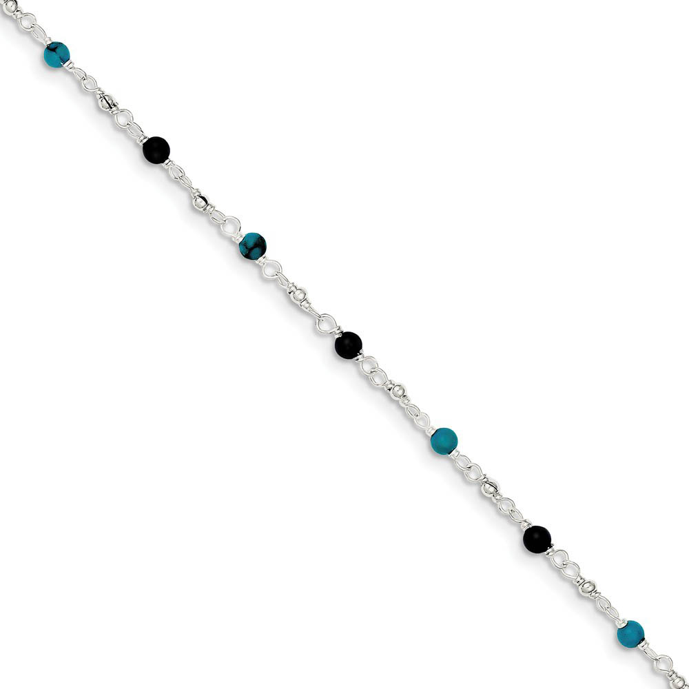 Sterling Silver Turquoise and Onyx, Beaded Anklet