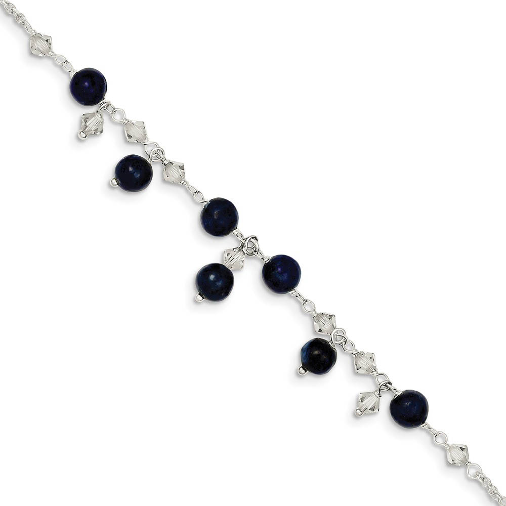 Sterling Silver Clear Crystal And Blue Lapis Anklet Bracelet, 9 Inch