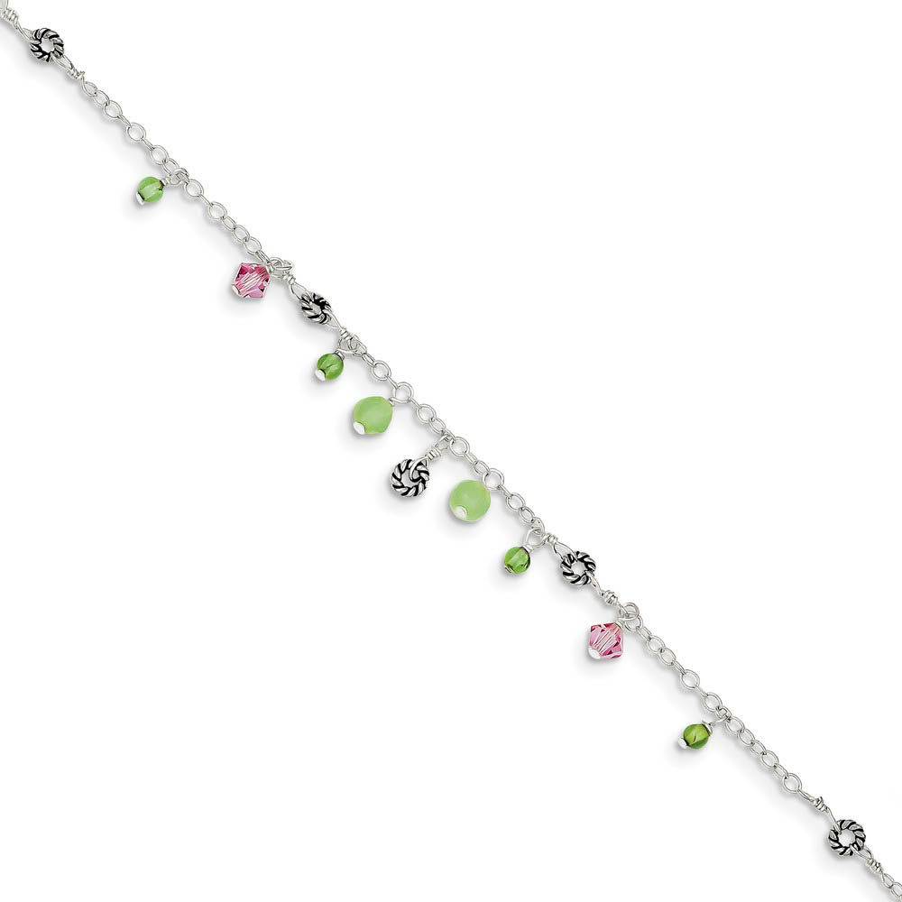 Sterling Silver Pink Crystal, Green Quartz And Peridot Anklet, 9 Inch