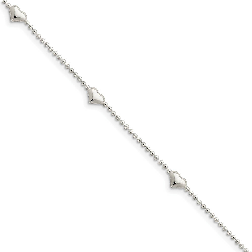 Sterling Silver Puffed Heart Bead Link Anklet, 10 Inch