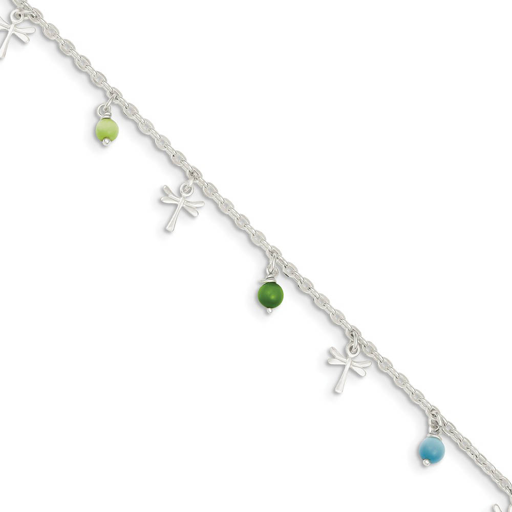 Sterling Silver Dragonfly And Glass Beaded Anklet