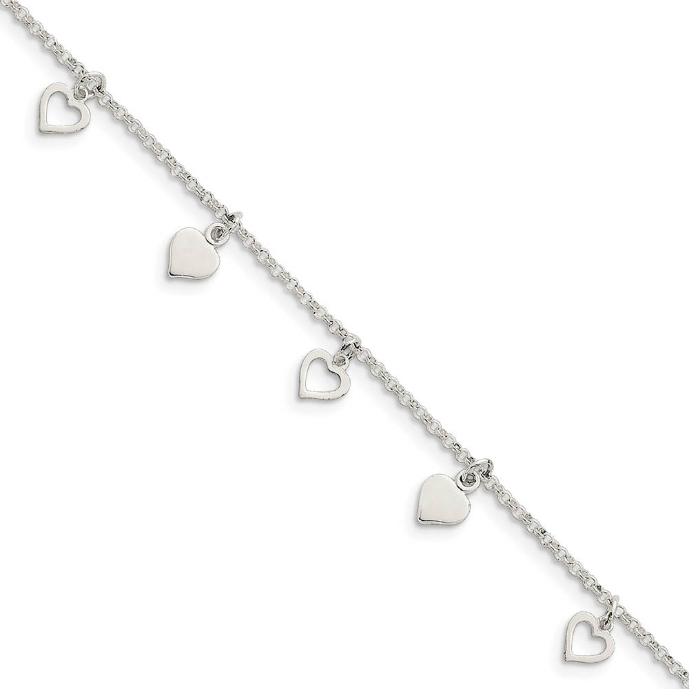 Sterling Silver Dangling Hearts Anklet, 10 Inch