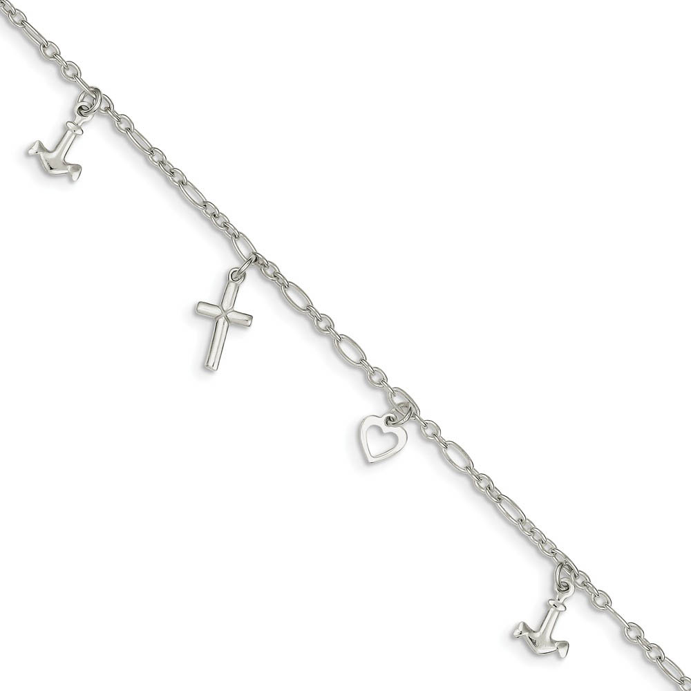 Sterling Silver Faith, Hope and Charity Anklet, 10 Inch