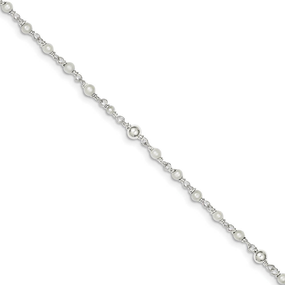 Sterling Silver FW Cultured Pearl and Heart Anklet, Inch